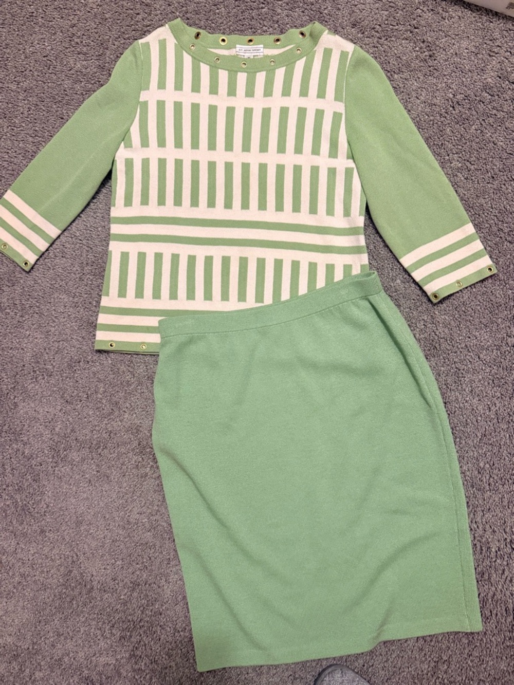 St. John Collection Mint Green & Cream Striped Knit Top with Gold-Tone Grommets